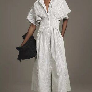 ANTHROPOLOGIE Exquise Tobie Button-Front Pleated Midi Shirt Dress, NWT